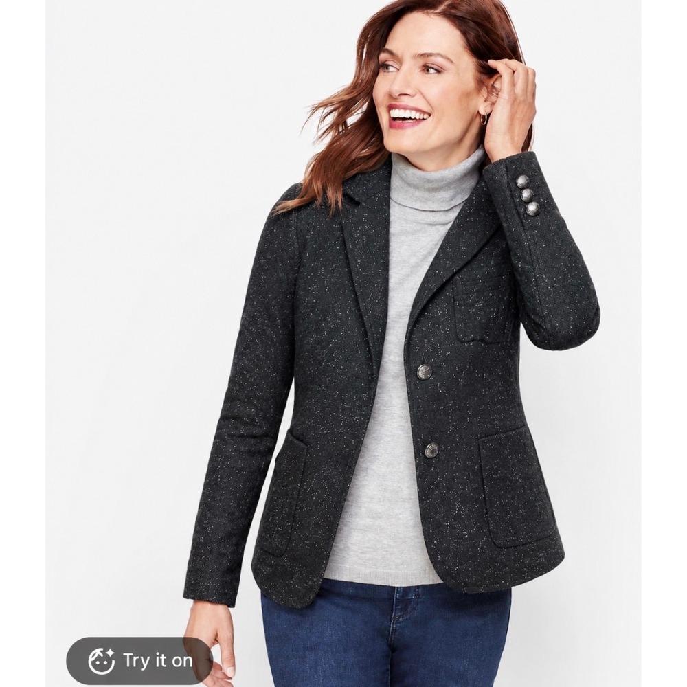 Talbots Womens 16 Black Wool Silk Blend Speckled Flecked 2-Button Blazer Jacket